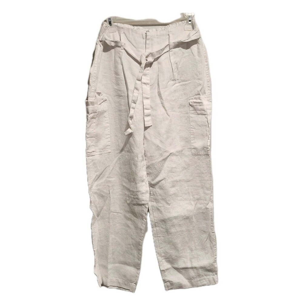 Saks Fifth Avenue 100% Linen High-Waisted Front Tie Cargo Pants White Medium